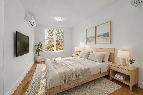 a bedroom with a large bed and a flat screen tv