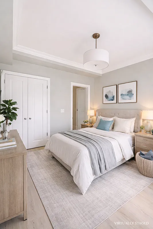 167 East 82nd Street, Unit 9B Manhattan, NY 10028 - Photo 9 of 15 a spacious bedroom with a large bed and a chandelier