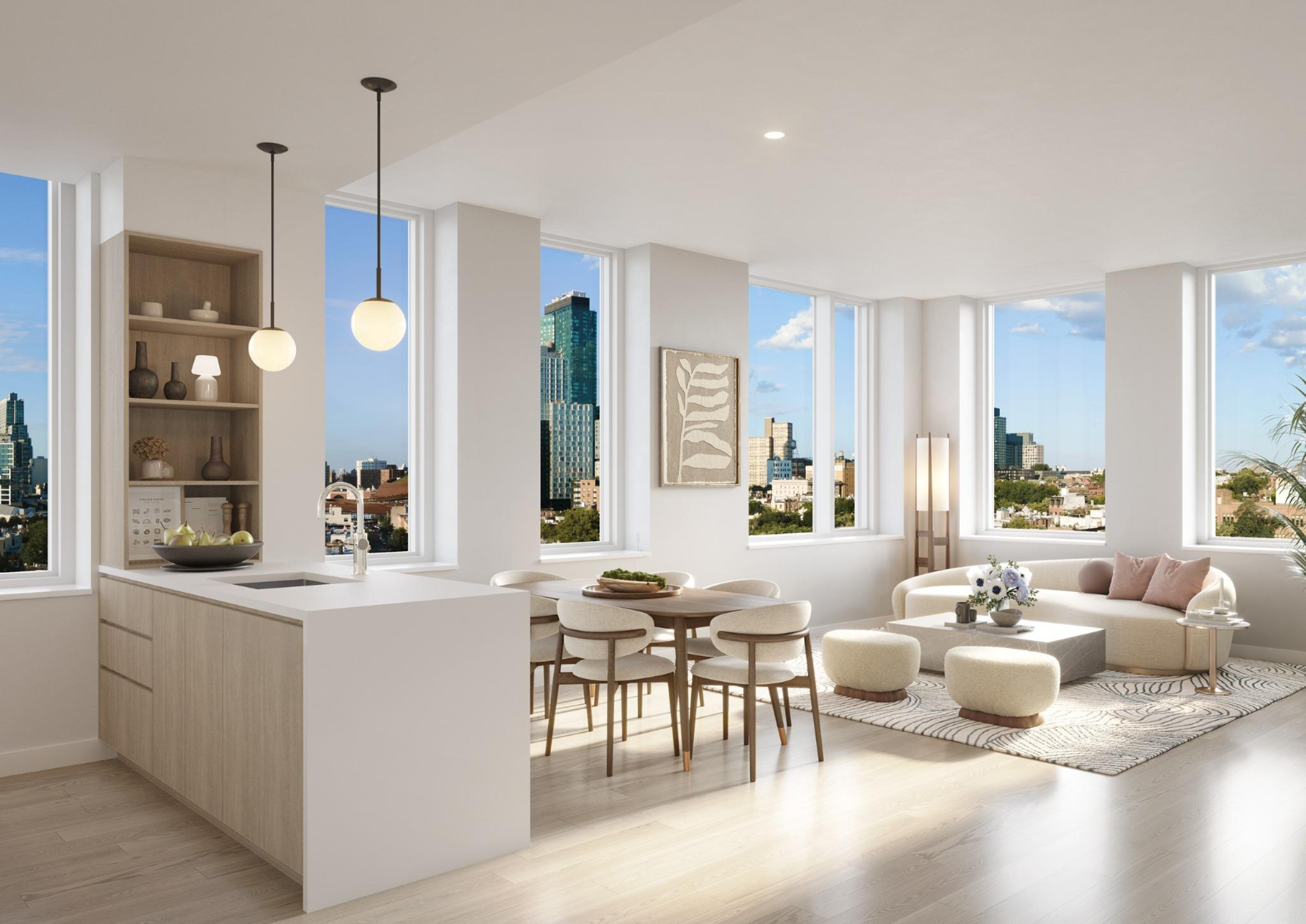 a living room with furniture a chandelier and a dining table