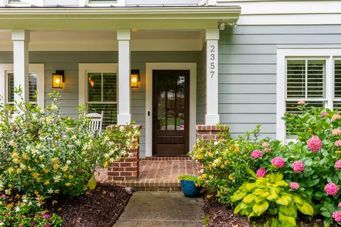 a potted plant is sitting in front of a house