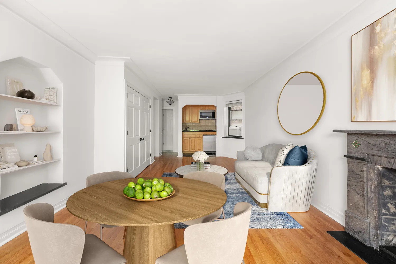 a living room with furniture and a table