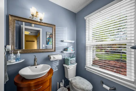 a bathroom with a sink a toilet and a mirror