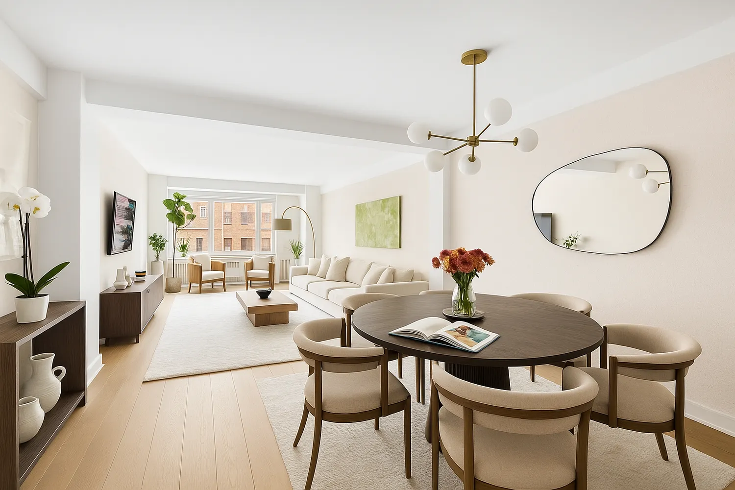 a dining room with furniture and a mirror