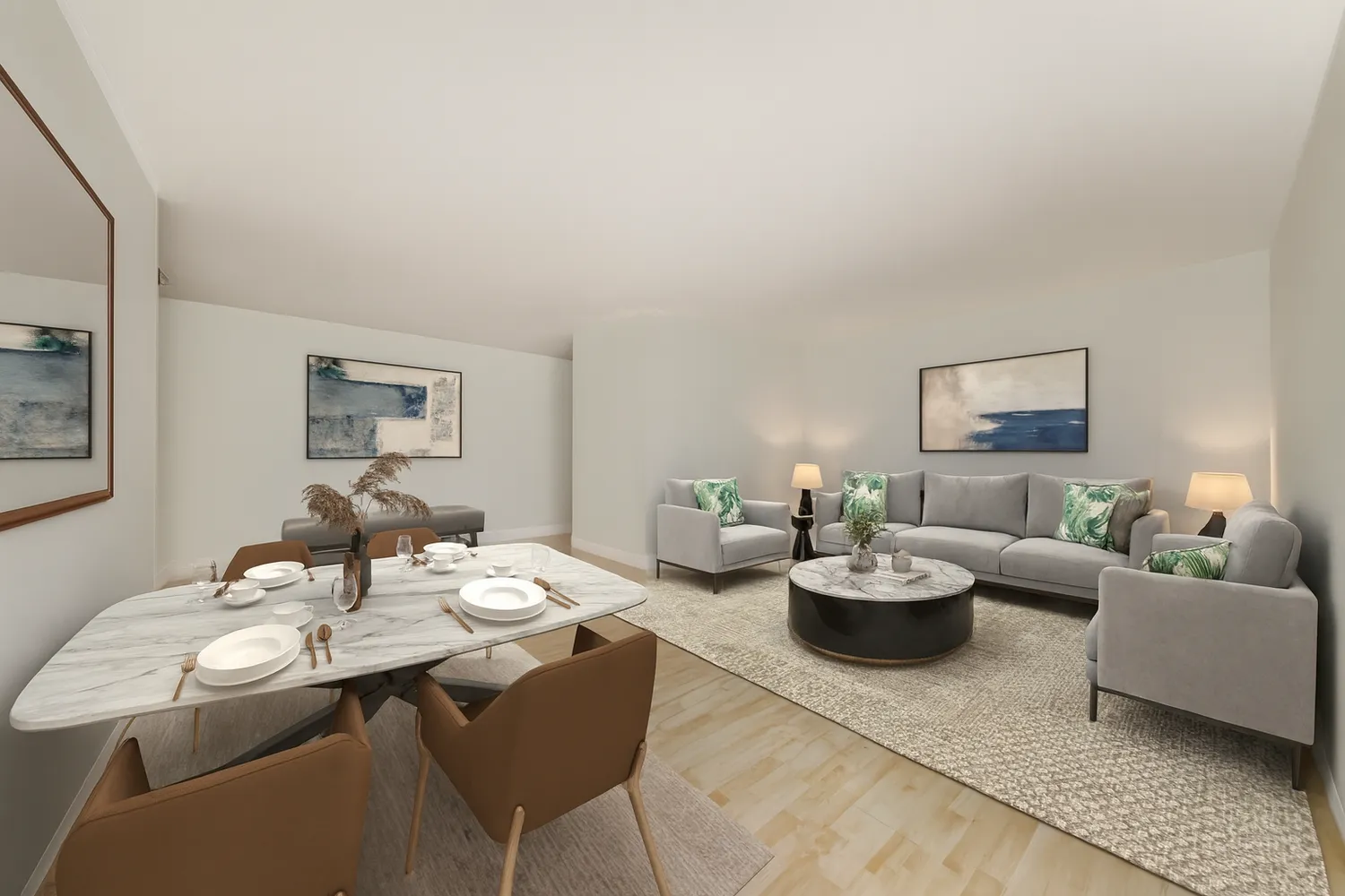 a living room with furniture and a table