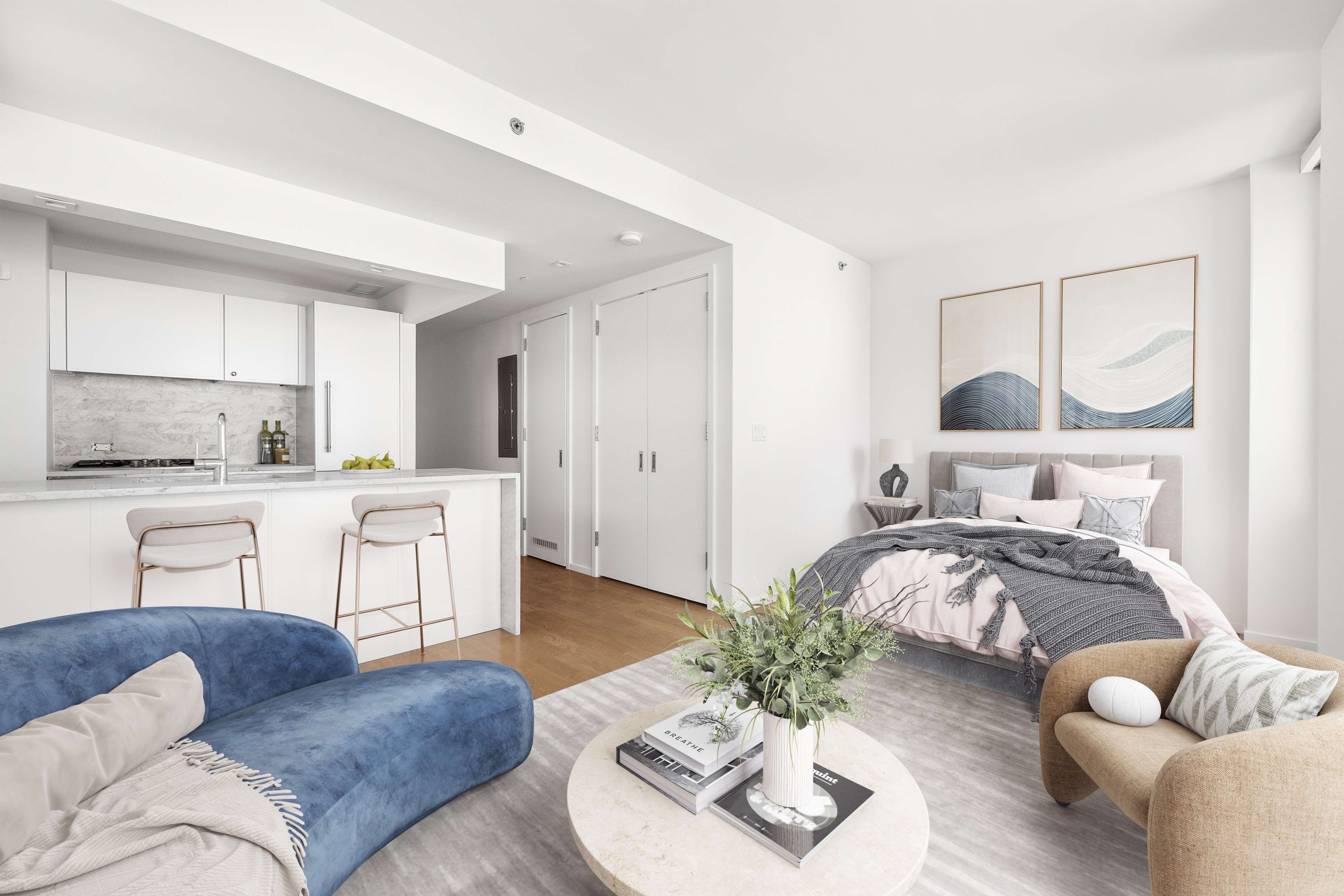 202 8th Street, Unit 7D Brooklyn, NY 11215 - Photo 1 of 19 a living room with furniture white walls and kitchen view