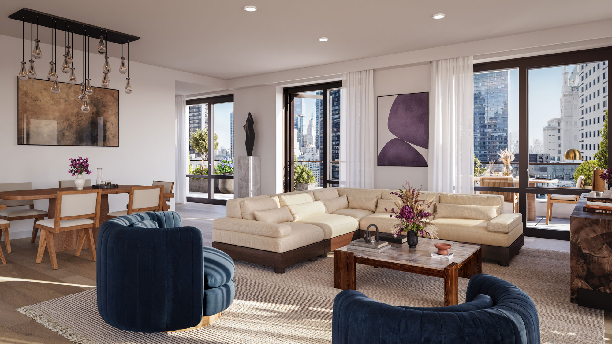 18 West 55th Street, Unit 16D Manhattan, NY 10019 - Photo 3 of 9 a living room with couches and a large mirror with wooden floor