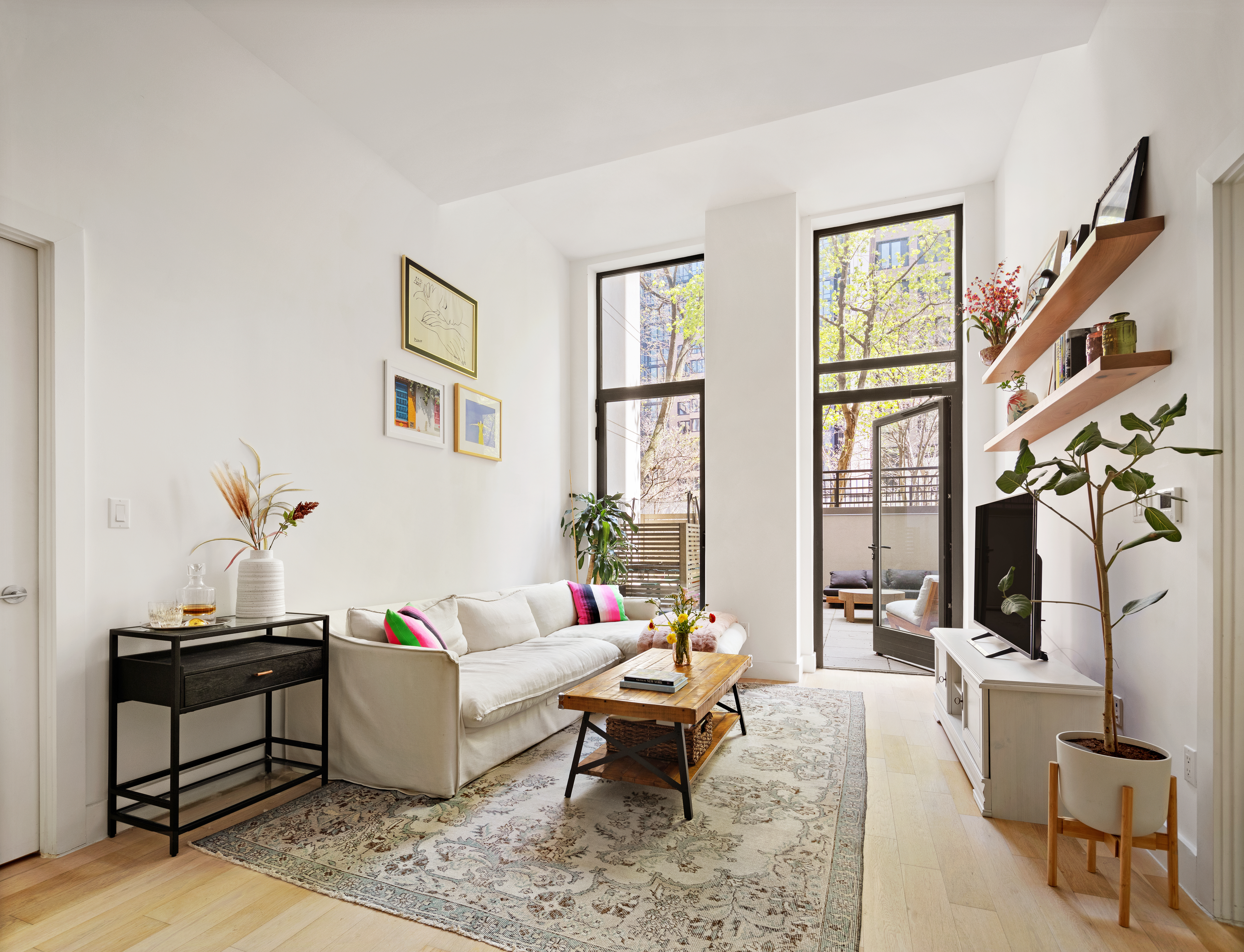 a living room with furniture and a potted plant