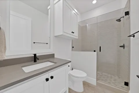 a bathroom with a sink a toilet and shower
