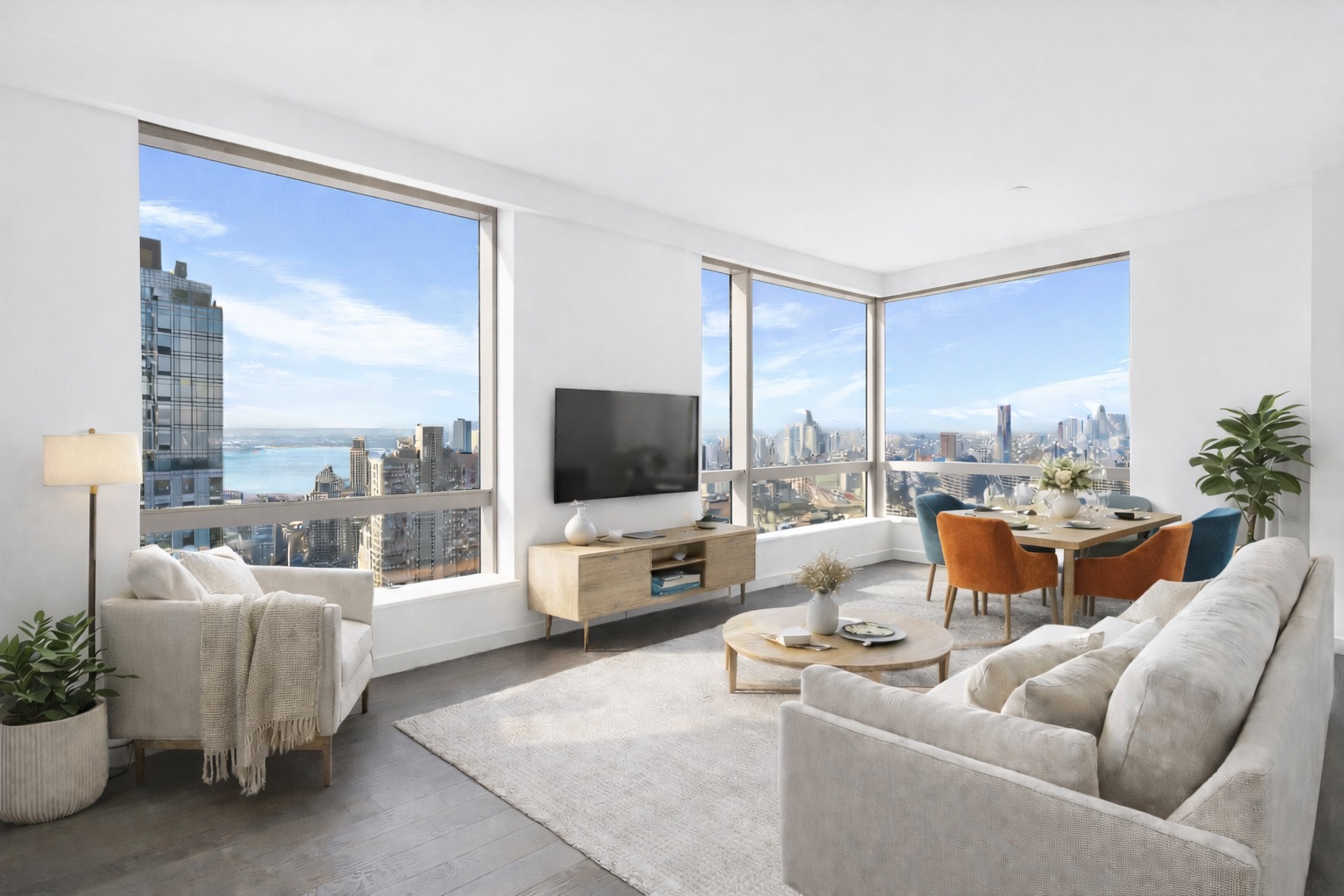 1 City Point, Unit 55A Brooklyn, NY 11201 - Photo 1 of 15 a living room with furniture a flat screen tv and a large window