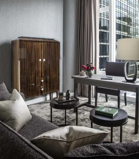 a living room with furniture and a potted plant