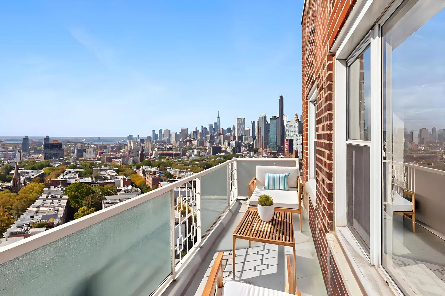 a view of a balcony with city view