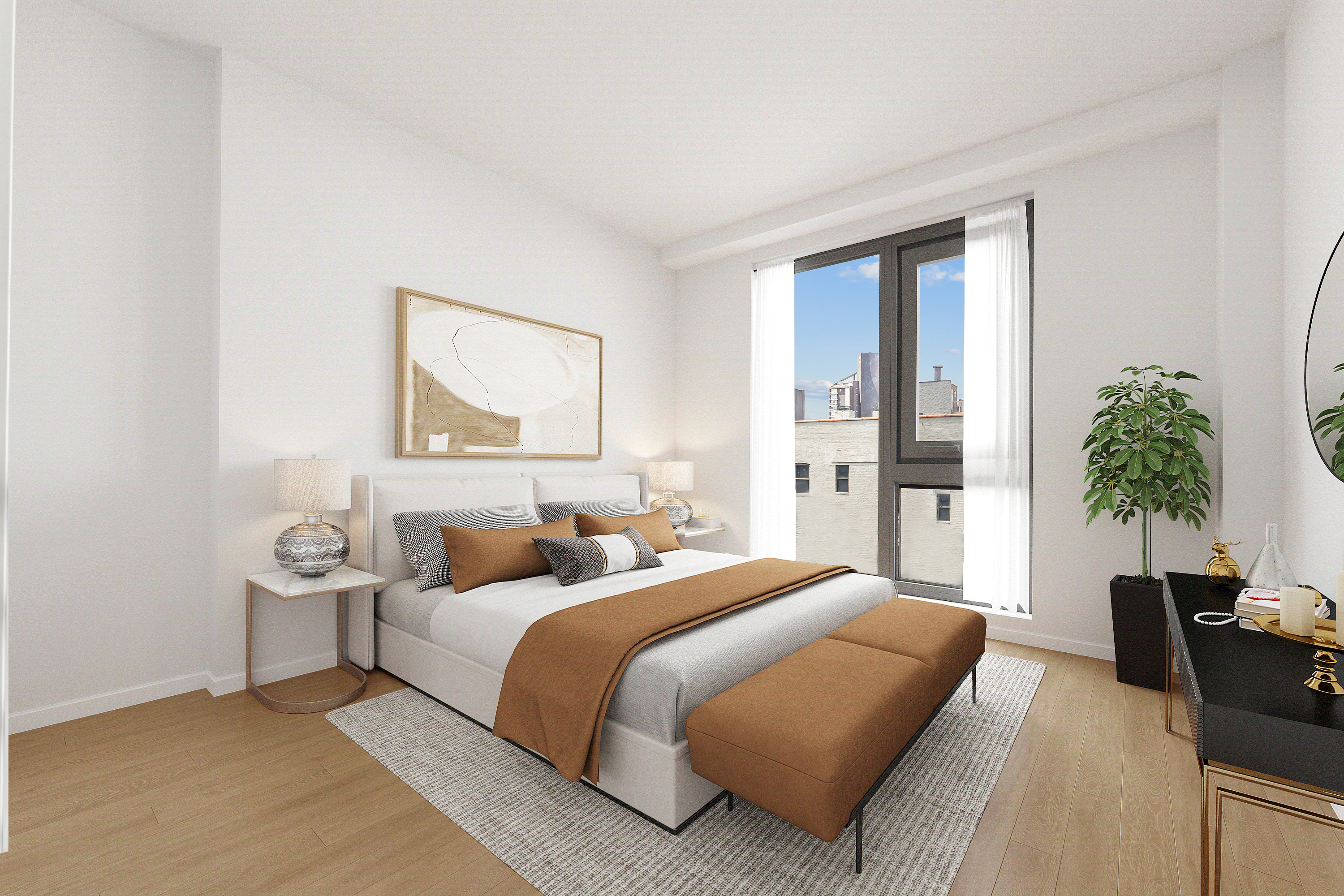 14-33 31st Avenue, Unit 5H Queens, NY 11106 - Photo 6 of 10 a bedroom with a large bed and a potted plant