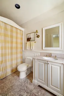 a bathroom with a sink toilet a mirror and shower curtain