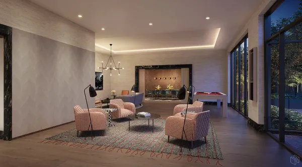 a living room with furniture and a potted plant
