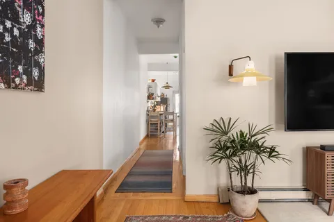 a view of a living room and a potted plant
