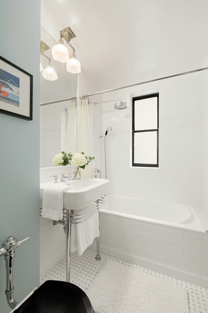 45 5th Avenue, Unit 9D Manhattan, NY 10003 - Photo 5 of 7 a bathroom with a sink bath tub and a mirror