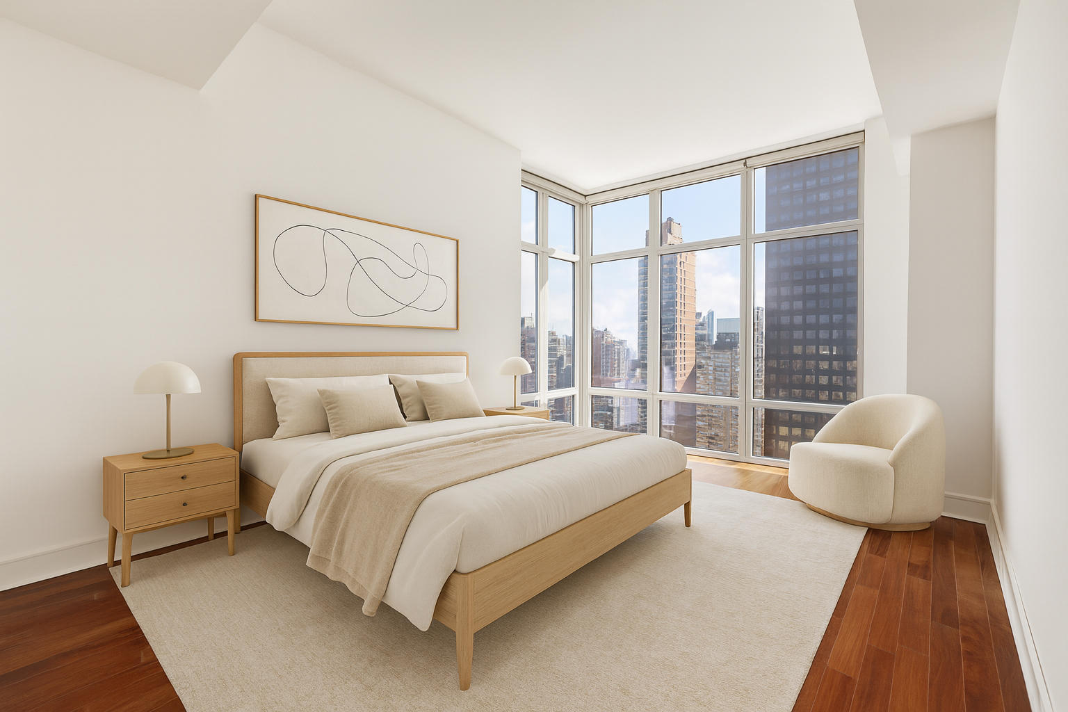 207 East 57th Street, Unit 33B Manhattan, NY 10022 - Photo 4 of 8 a spacious bedroom with a bed and glass walk in closet