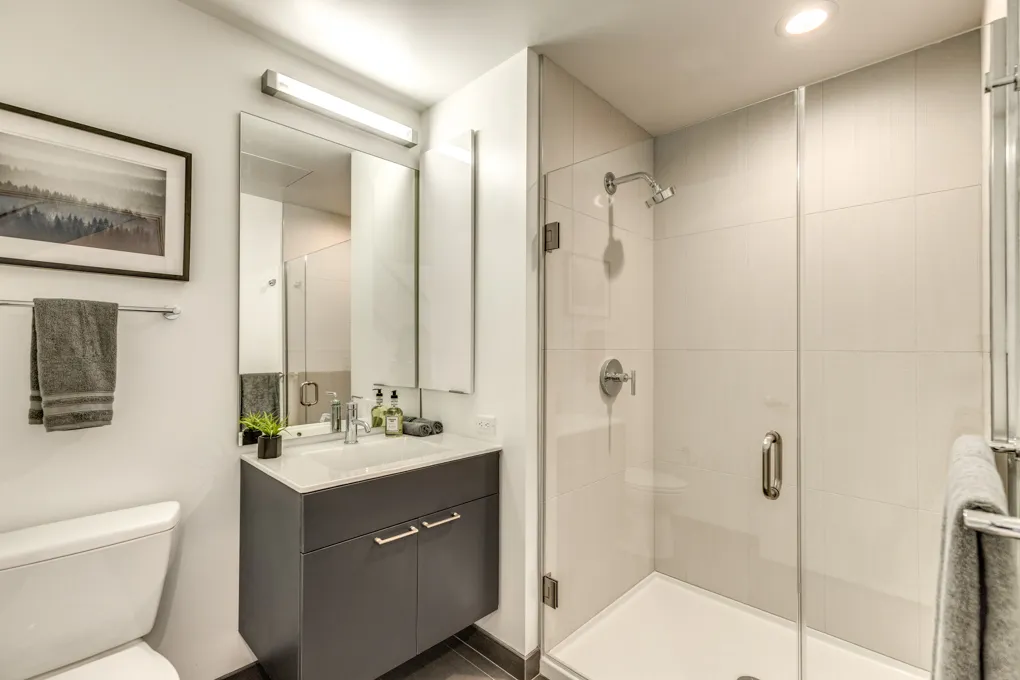 a bathroom with a double vanity sink mirror and toilet