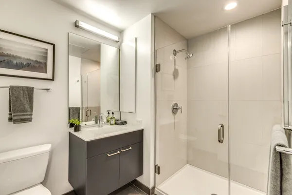 a bathroom with a double vanity sink mirror and toilet