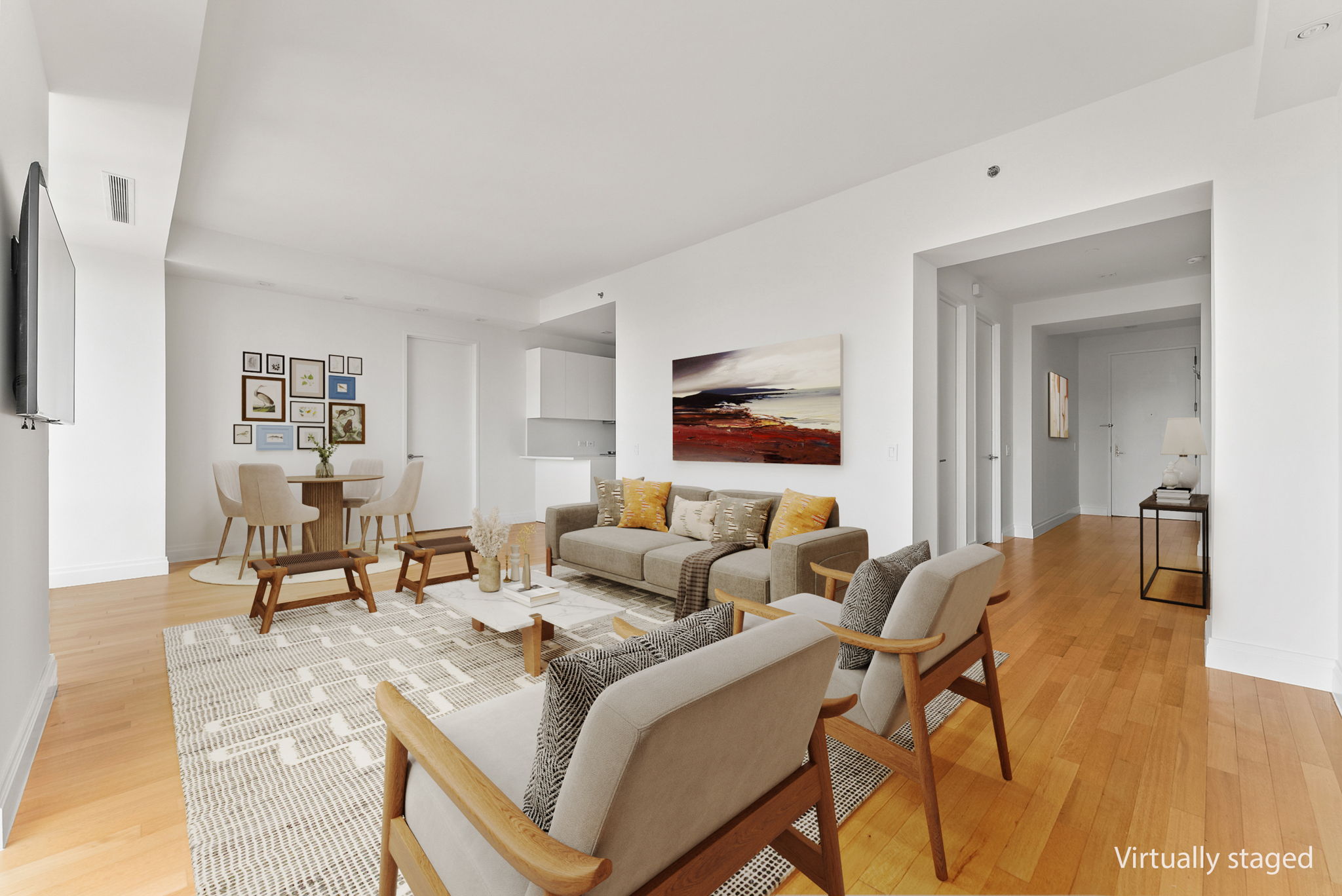 845 United Nations Plaza, Unit 63D Manhattan, NY 10017 - Photo 2 of 16 a living room with furniture and a flat screen tv