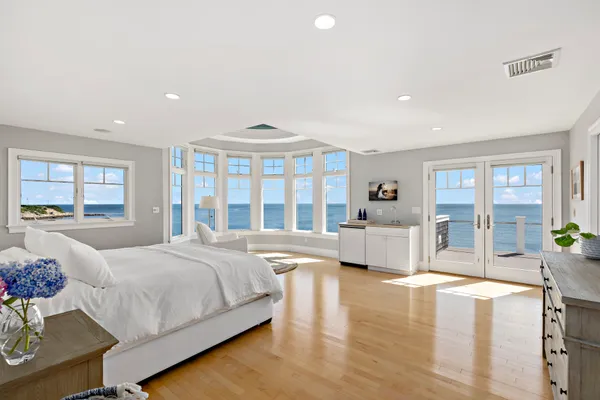 a spacious bedroom with a large bed and a large window