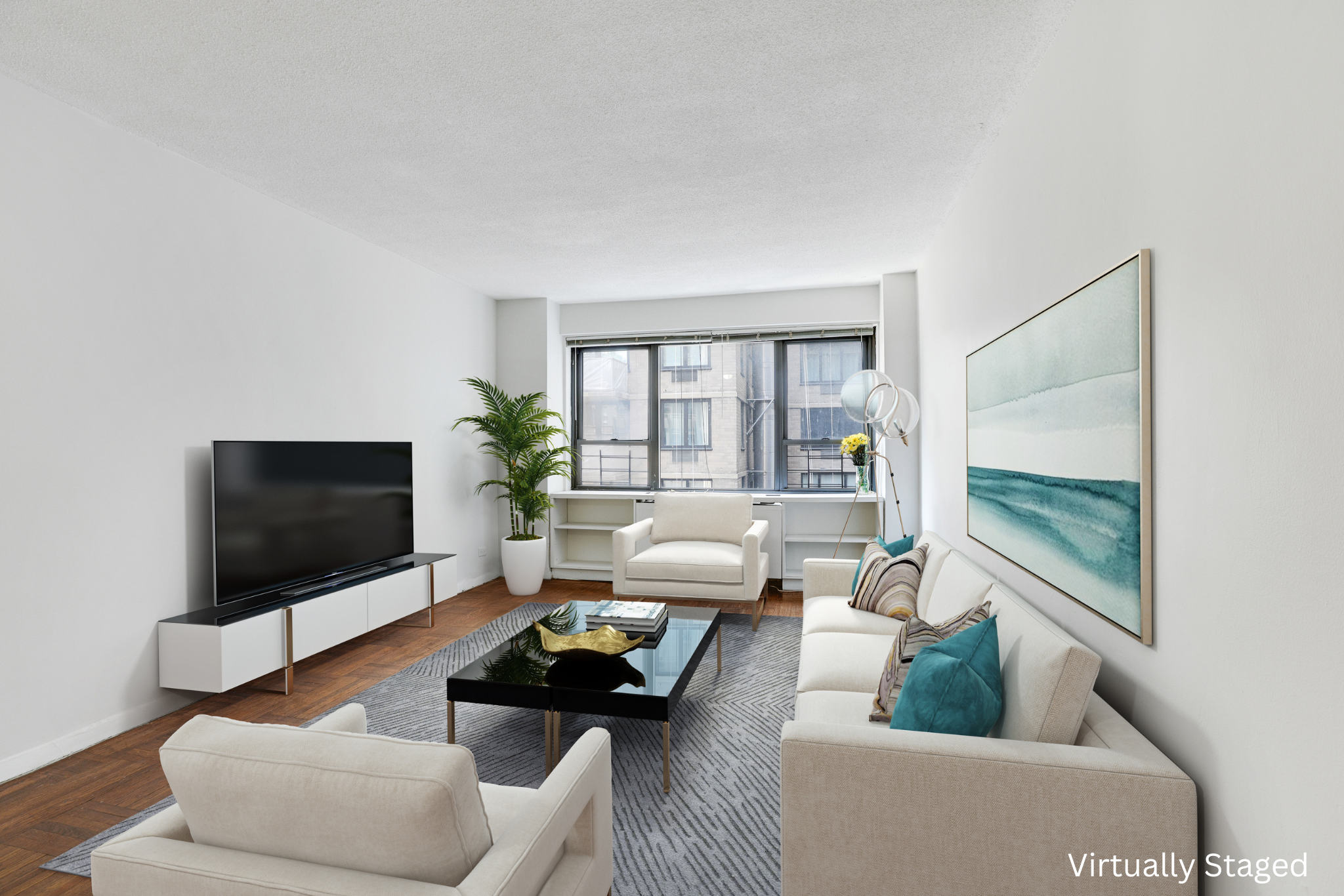 210 East 47th Street, Unit 7J Manhattan, NY 10017 - Photo 1 of 12 a living room with furniture and a flat screen tv