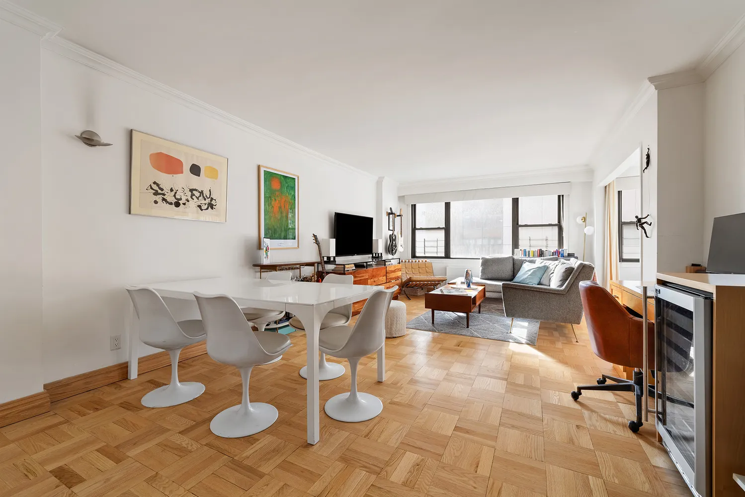 a view of a dining room with furniture