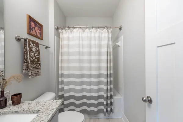 a bathroom with a shower curtain and a sink