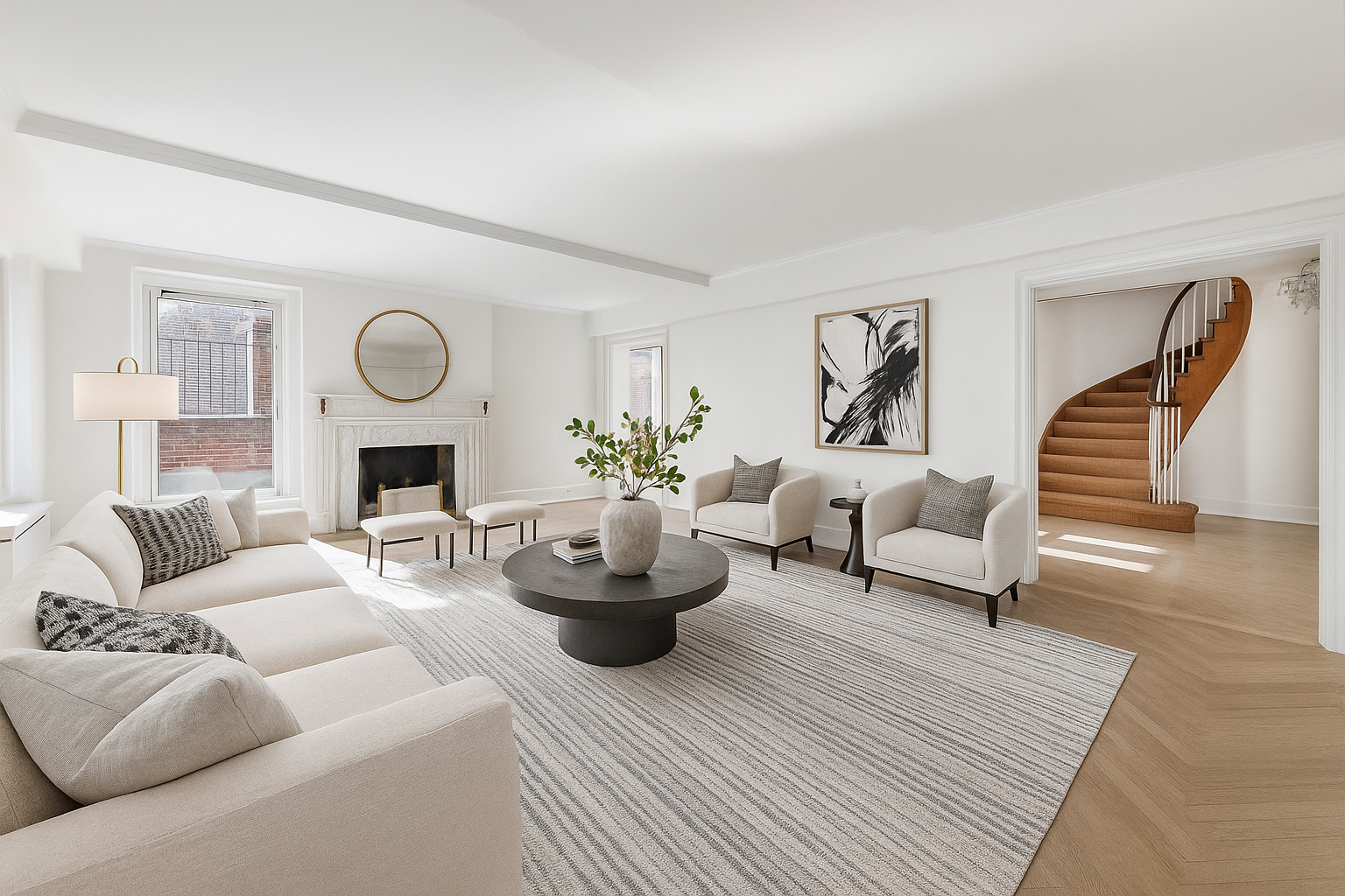 a living room with furniture a fireplace and a window