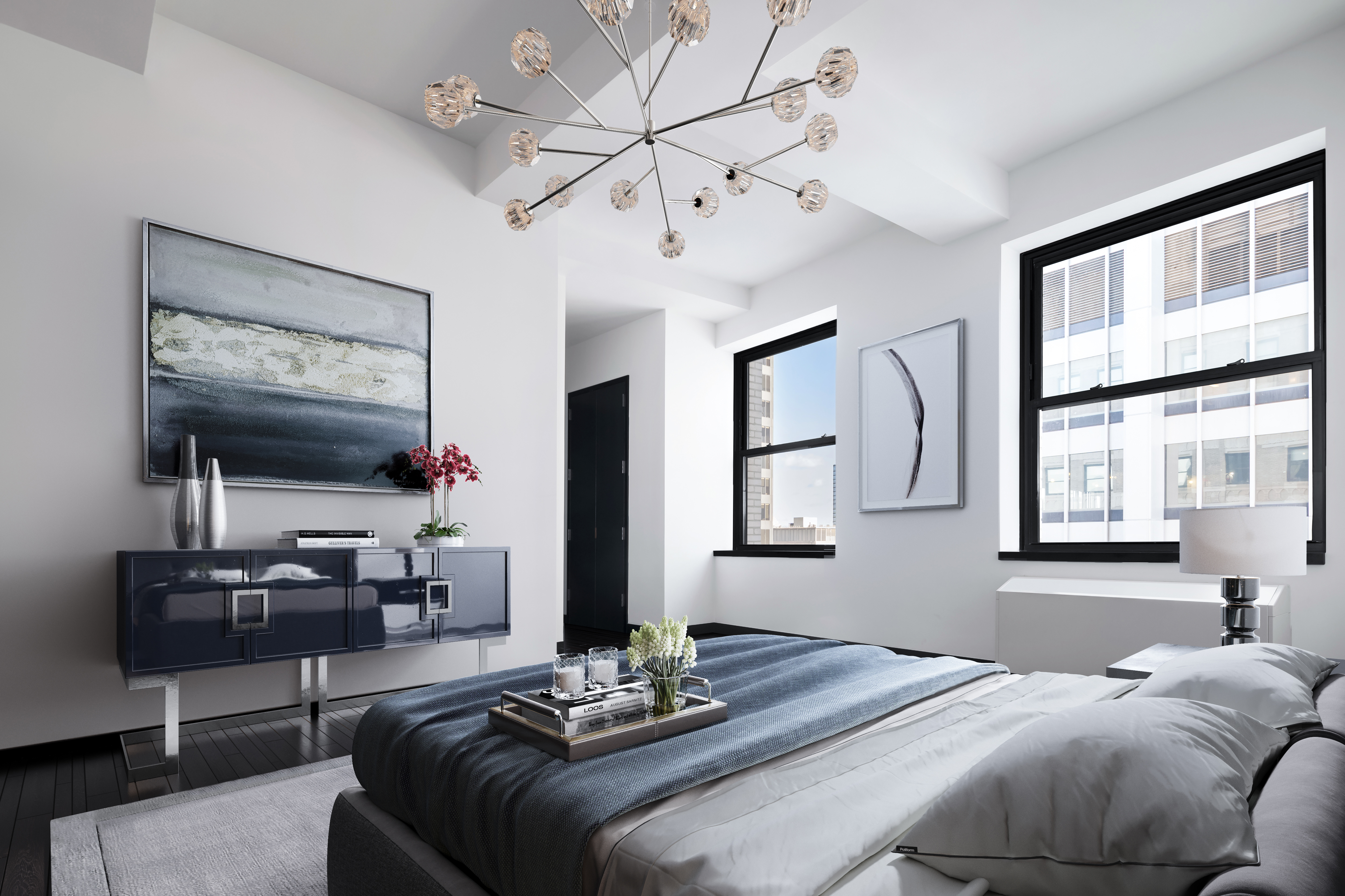 20 Pine Street, Unit 3204 Manhattan, NY 10005 - Photo 3 of 9 a living room with furniture chandelier and a large window