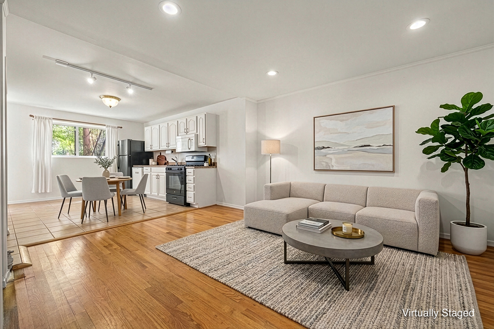 a living room with furniture and a table
