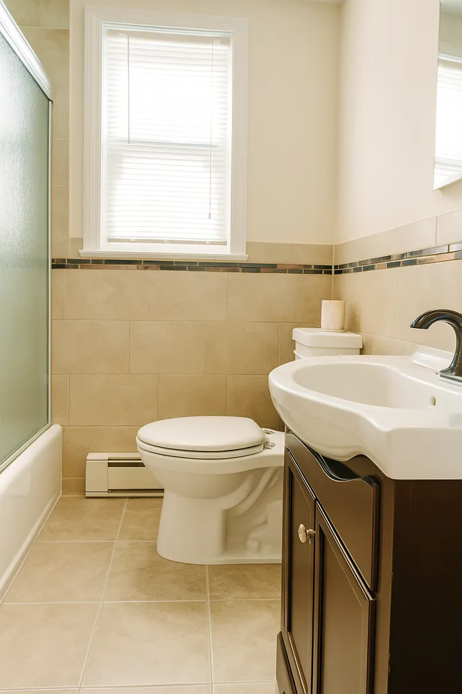 a bathroom with a sink a toilet and a mirror