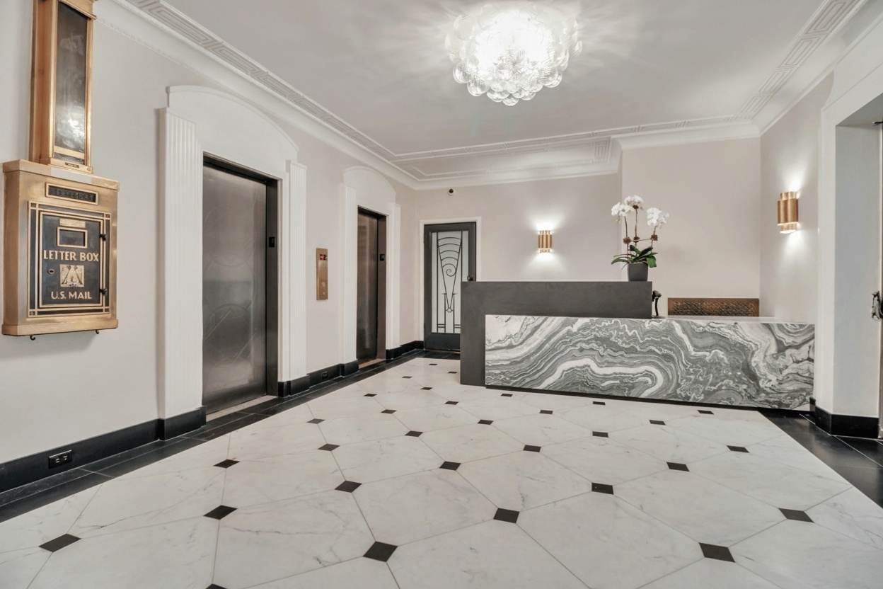 56 7th Avenue, Unit 3G Manhattan, NY 10011 - Photo 5 of 10 a bedroom with a large bed and a chandelier