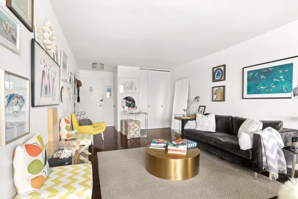 a living room with furniture and a potted plant