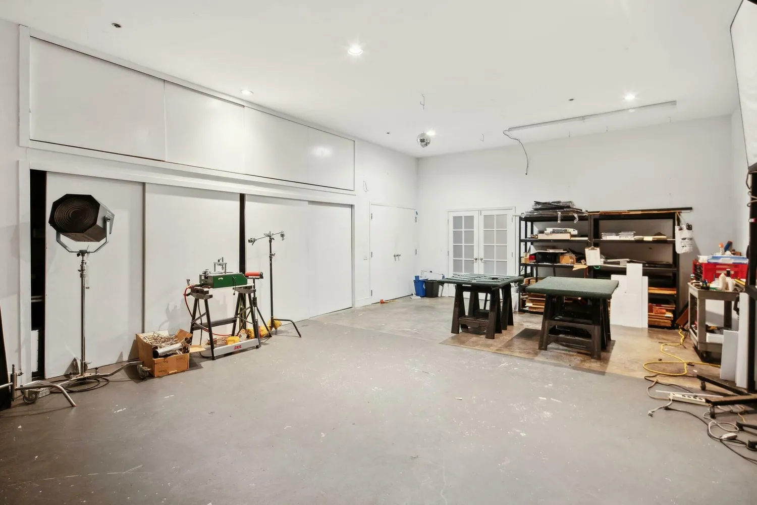 a view of a room with shelves
