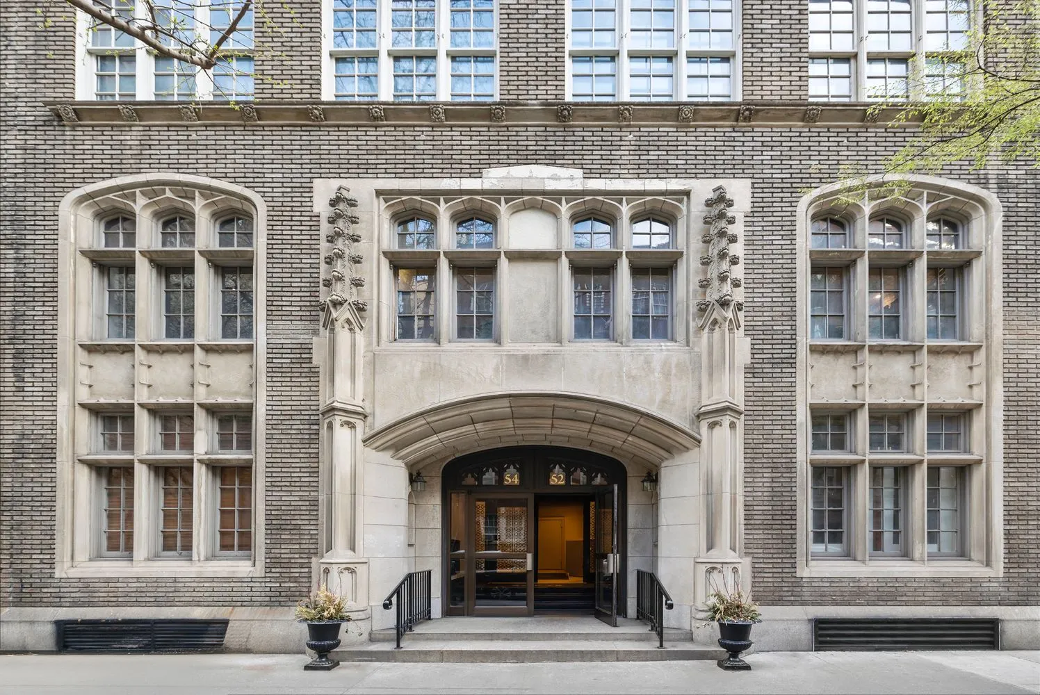 a front view of a building with a entrance