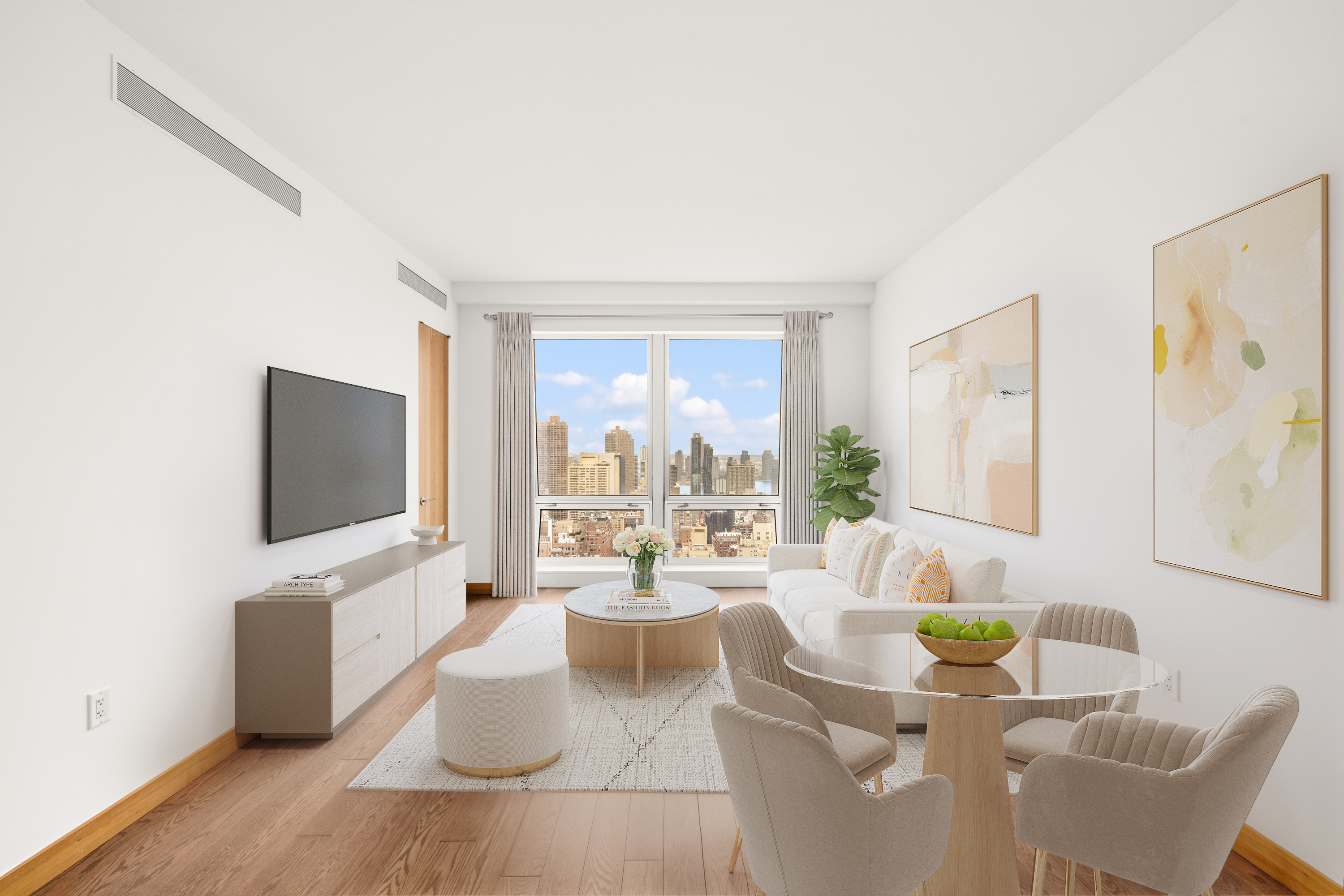 400 5th Avenue, Unit 37C Manhattan, NY 10018 - Photo 4 of 19 a living room with fireplace furniture and a flat screen tv