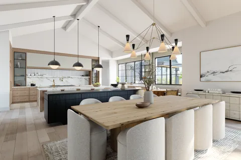 a kitchen with a sink a stove and chairs