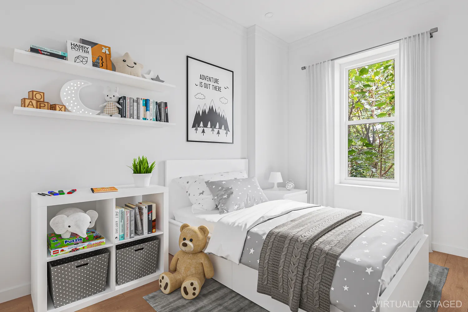 a bedroom with a bed and a window