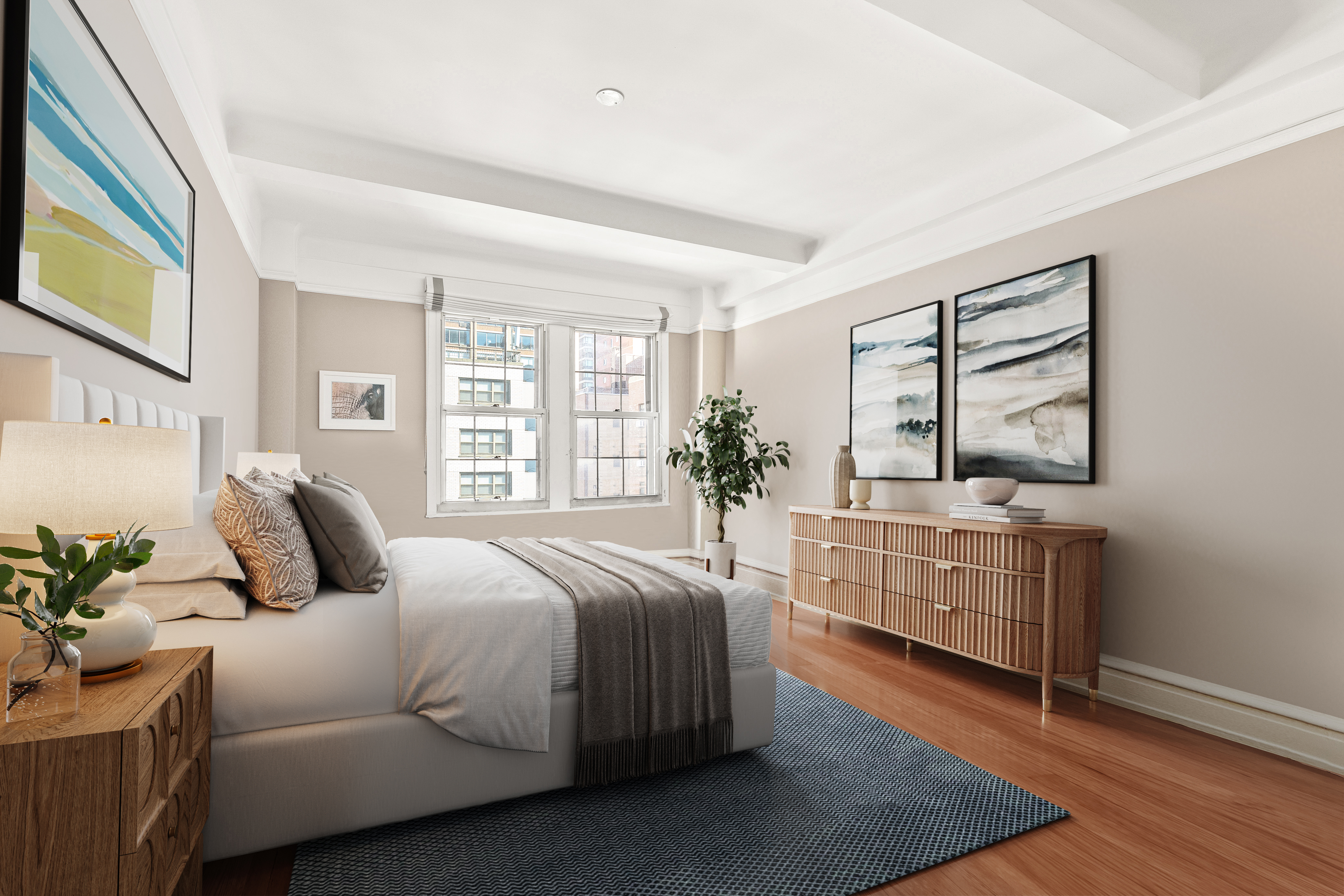 410 East 57th Street, Unit 15B Manhattan, NY 10022 - Photo 8 of 17 a bedroom with a large bed and a chandelier