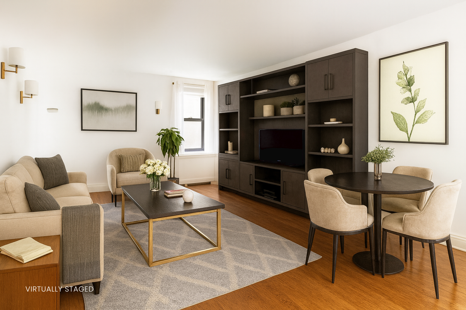 a living room with furniture a rug and a wall painting