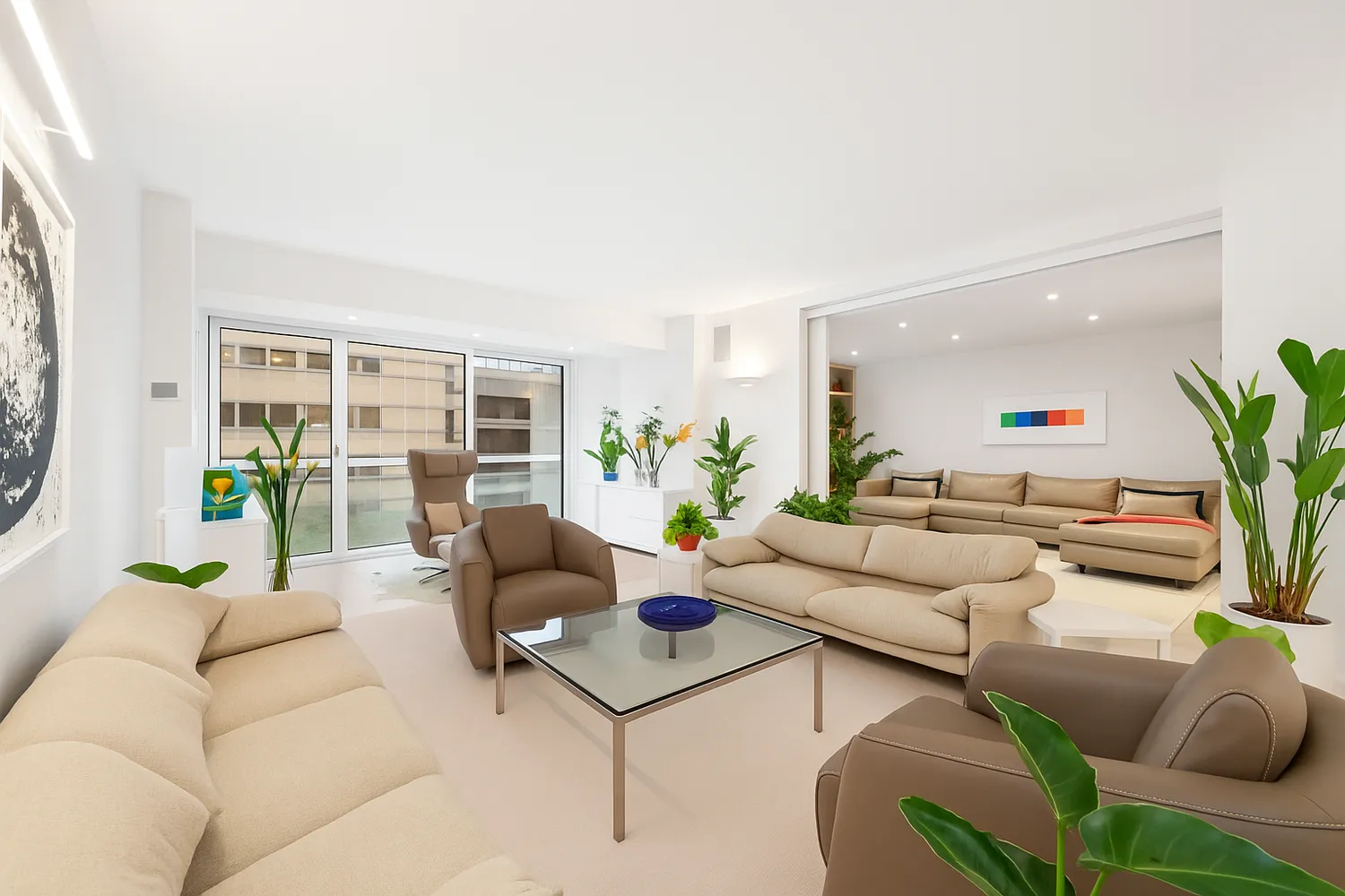 a living room with furniture and a potted plant