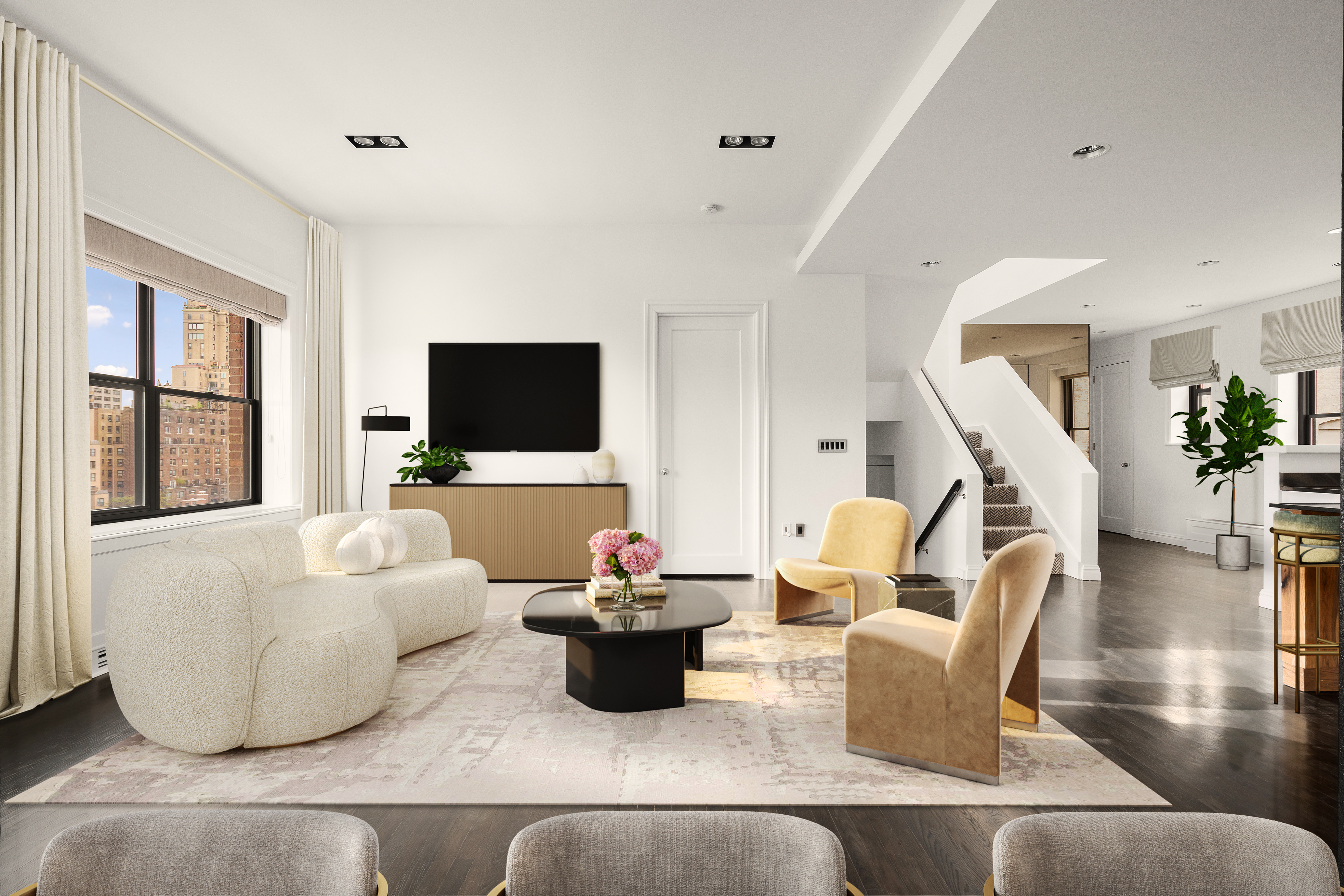 104 West 70th Street, Unit PH Manhattan, NY 10023 - Photo 6 of 17 a living room with furniture and a flat screen tv