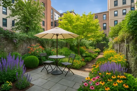 a garden view with a seating space