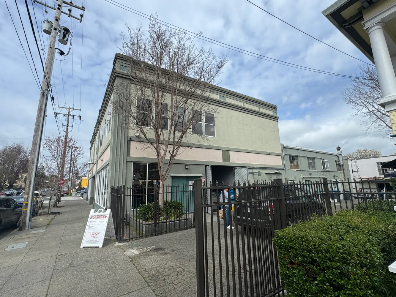 a front view of a building with street