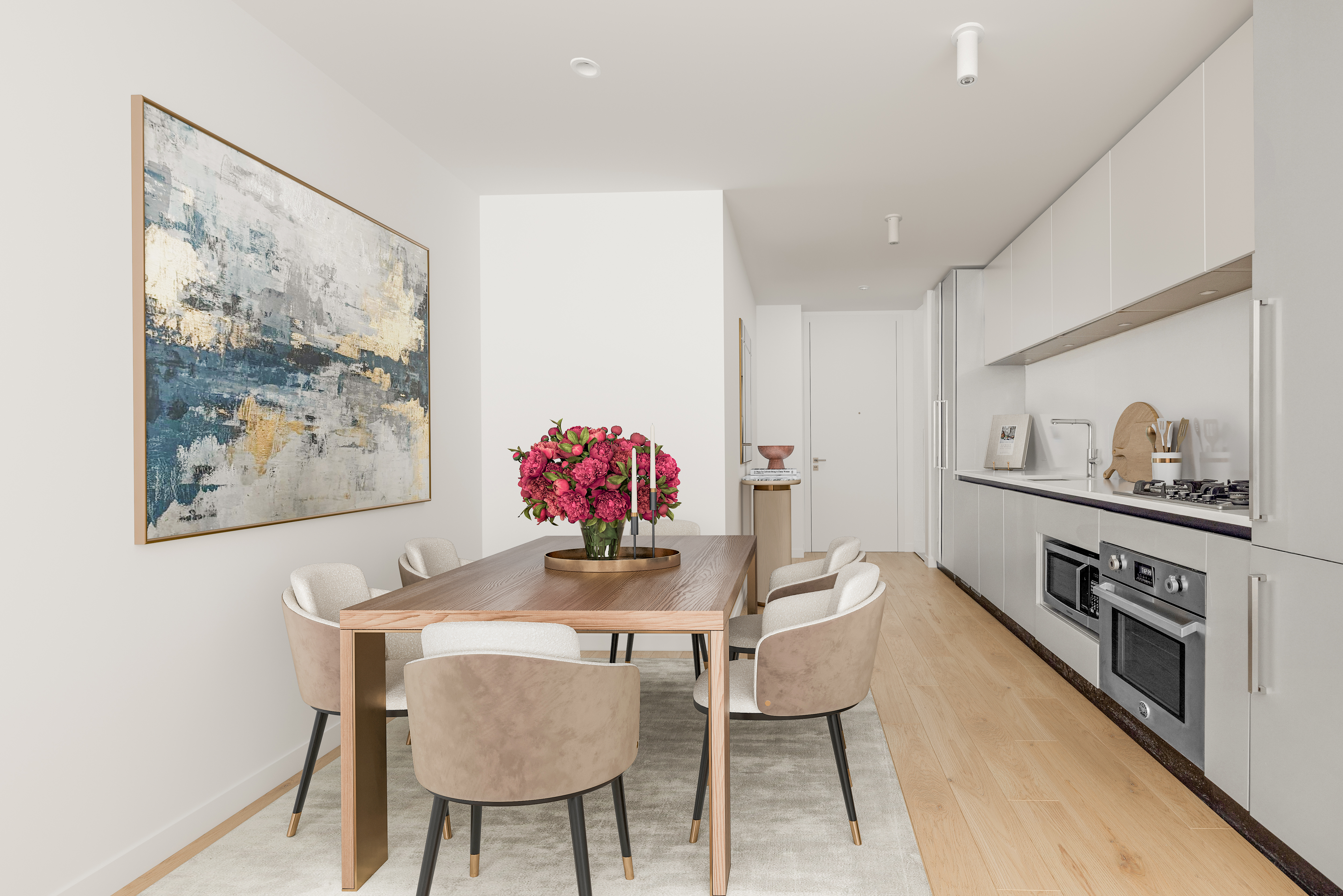 540 West 49th Street, Unit 506S Manhattan, NY 10019 - Photo 4 of 9 a view of a dining room with furniture and a kitchen