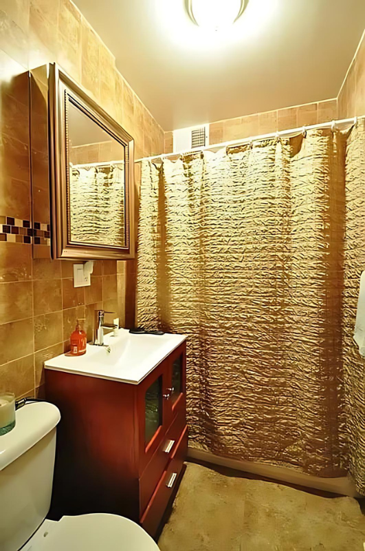 422 Amsterdam Avenue, Unit 3A Manhattan, NY 10024 - Photo 6 of 11 a bathroom with a sink a toilet and shower curtain
