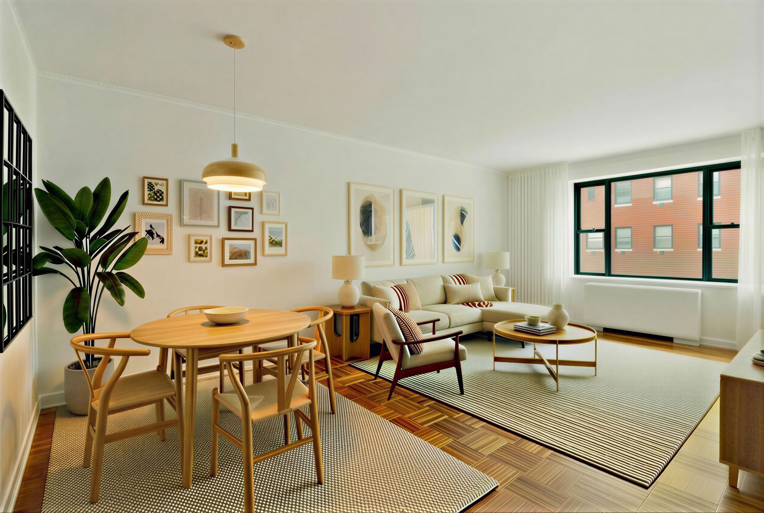 a living room with furniture a bookshelf and a window