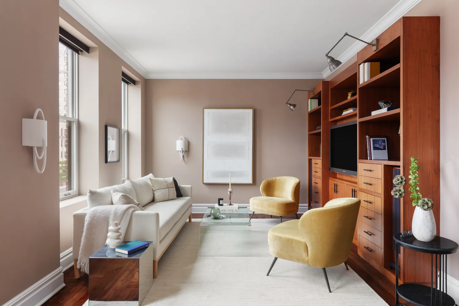 a view of a living room and bathroom