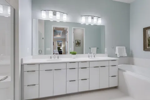 a bathroom with a double vanity sink mirror and shower